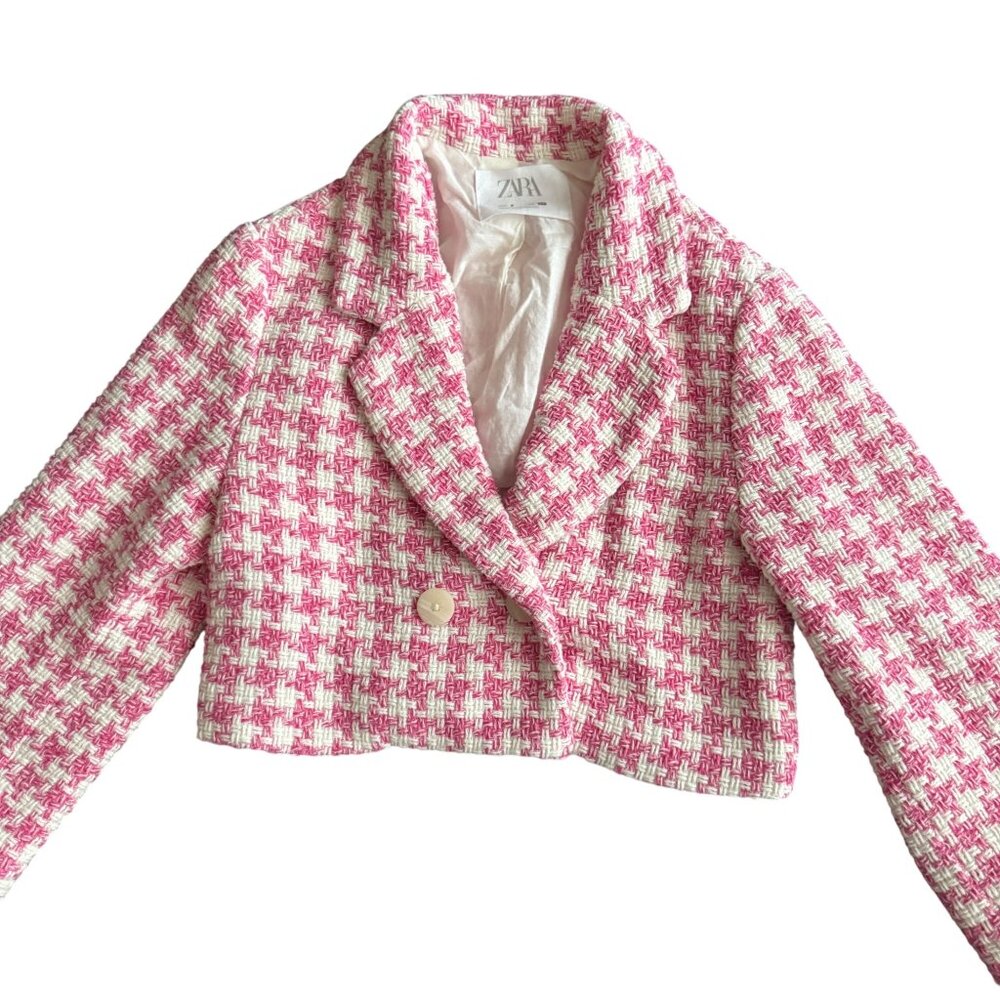 Zara Girls Pink & White Houndstooth Cropped Jacket & Skort Set Size 7 - Picture 3 of 7